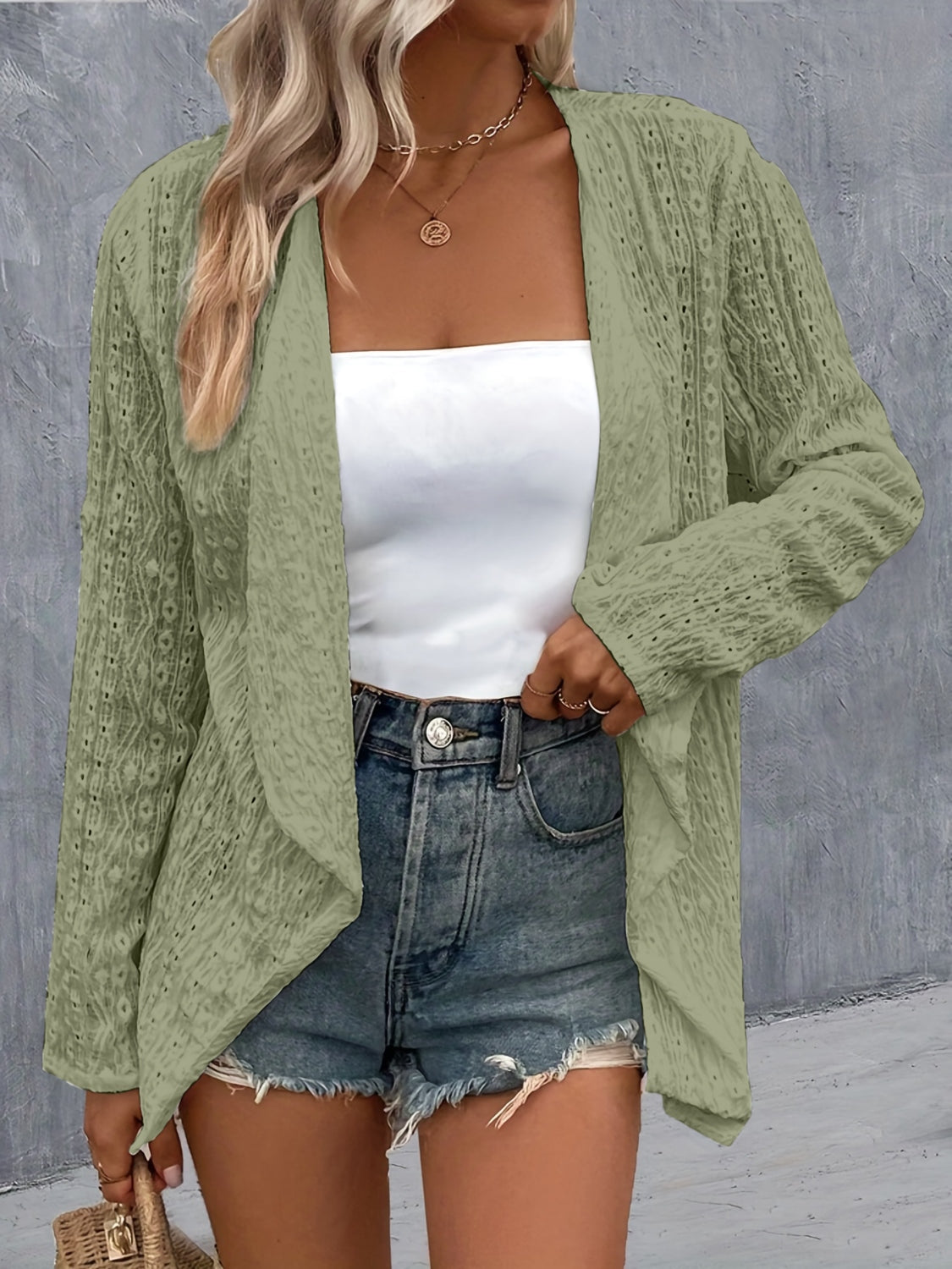 Eyelet Roll-Tab Sleeve Cardigan - Beautifeye Boutique