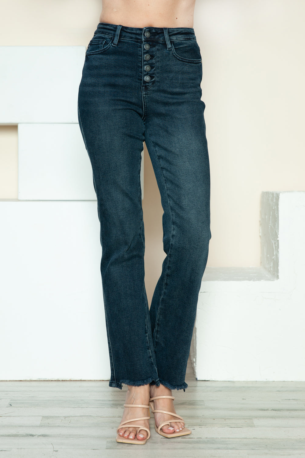 Judy Blue Full Size Button Fly Hem Destroy Straight Jeans - Beautifeye Boutique