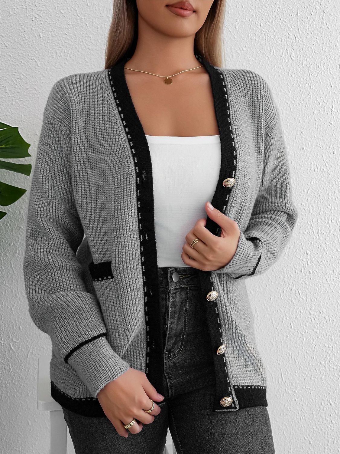 Contrast Trim Button Up Long Sleeve Cardigan - Beautifeye Boutique