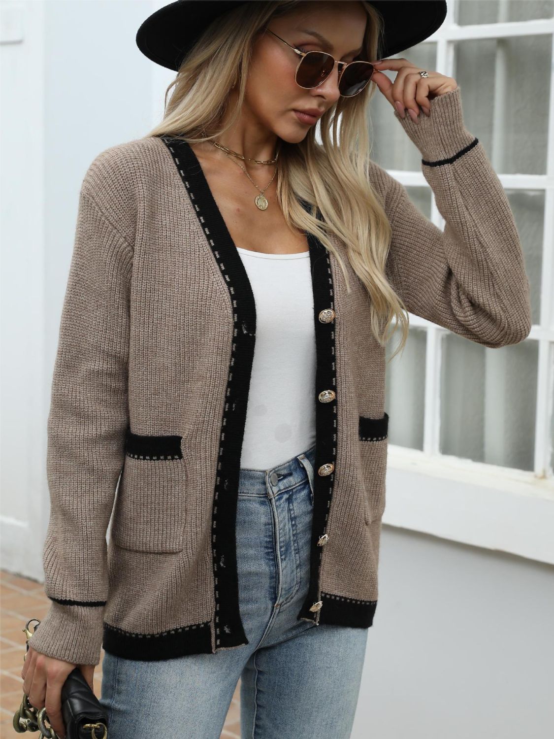 Contrast Trim Button Up Long Sleeve Cardigan - Beautifeye Boutique