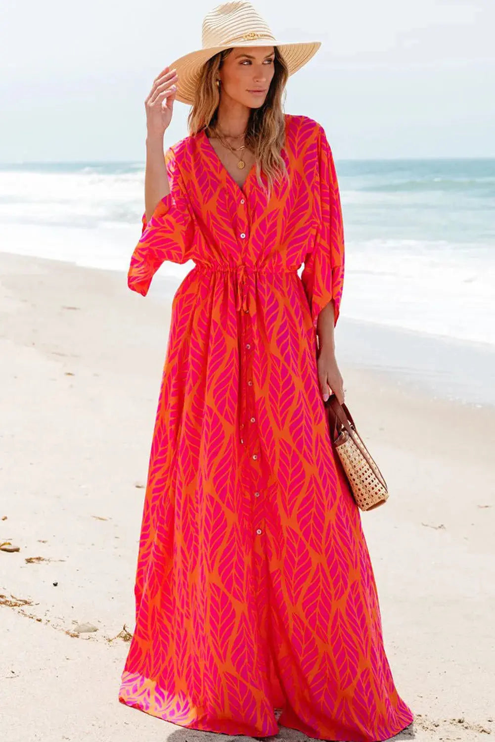 Drawstring Printed V-Neck Maxi Dress - Beautifeye Boutique
