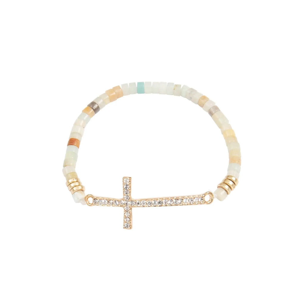 CROSS RHINESTONE WITH NATURAL STONE BEADS STRETCH BRACELET - Beautifeye Boutique