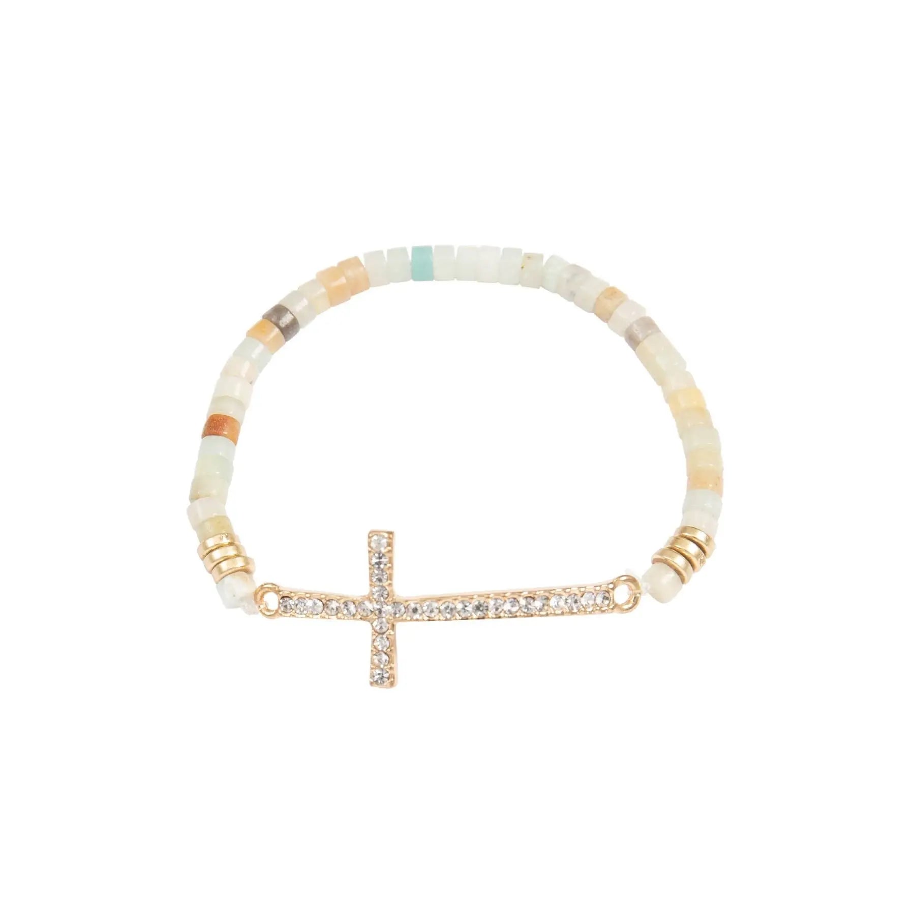 CROSS RHINESTONE WITH NATURAL STONE BEADS STRETCH BRACELET - Beautifeye Boutique