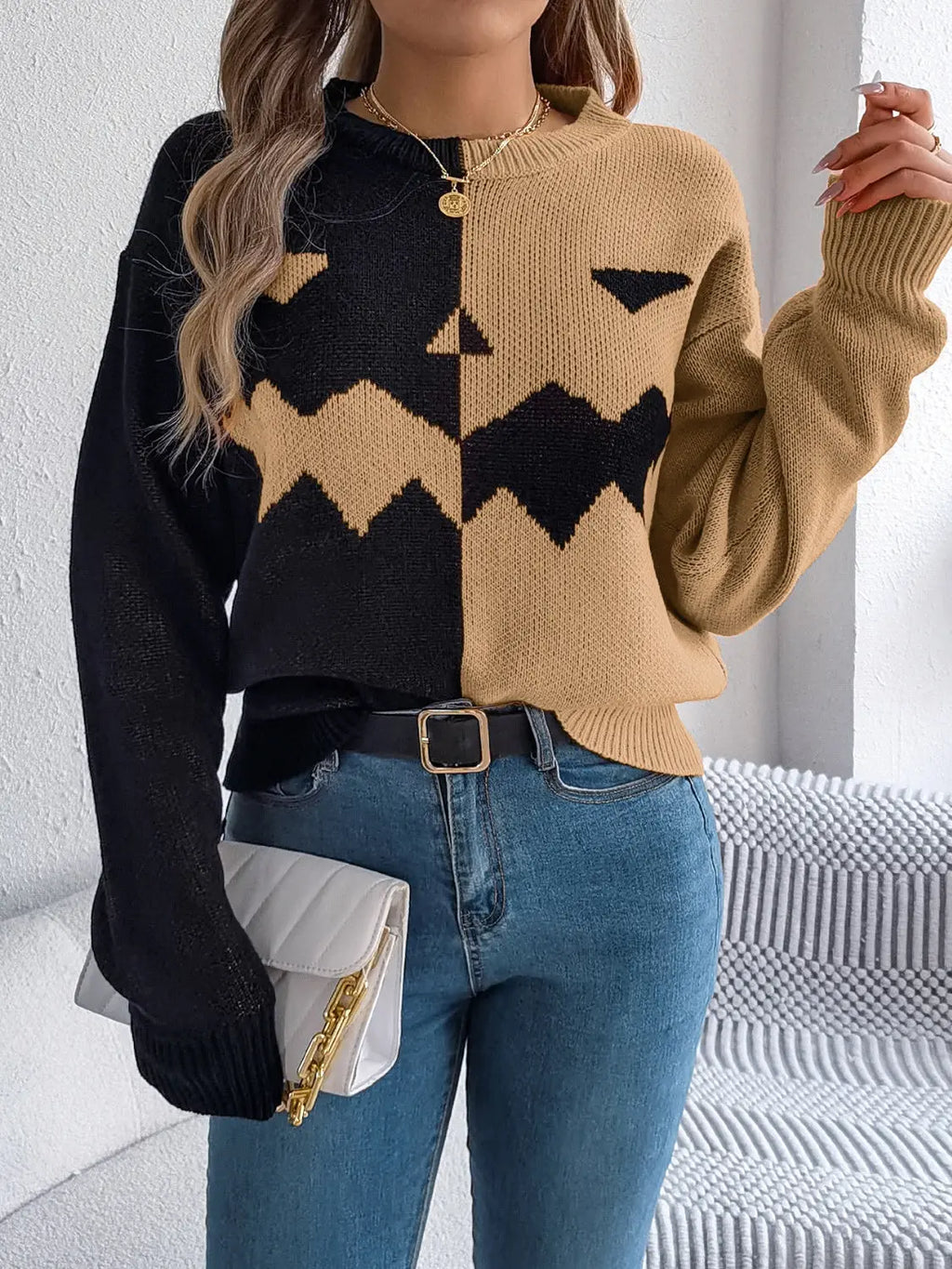 Contrast Round Neck Long Sleeve Sweater - Beautifeye Boutique