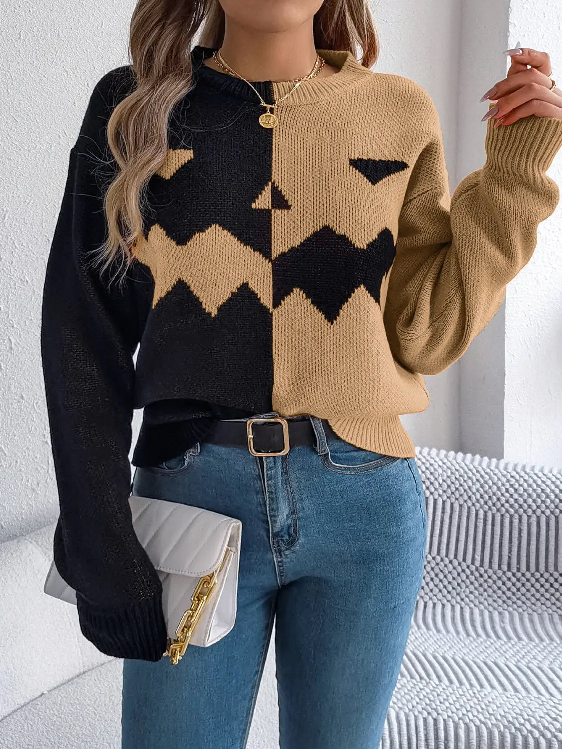 Contrast Round Neck Long Sleeve Sweater - Beautifeye Boutique