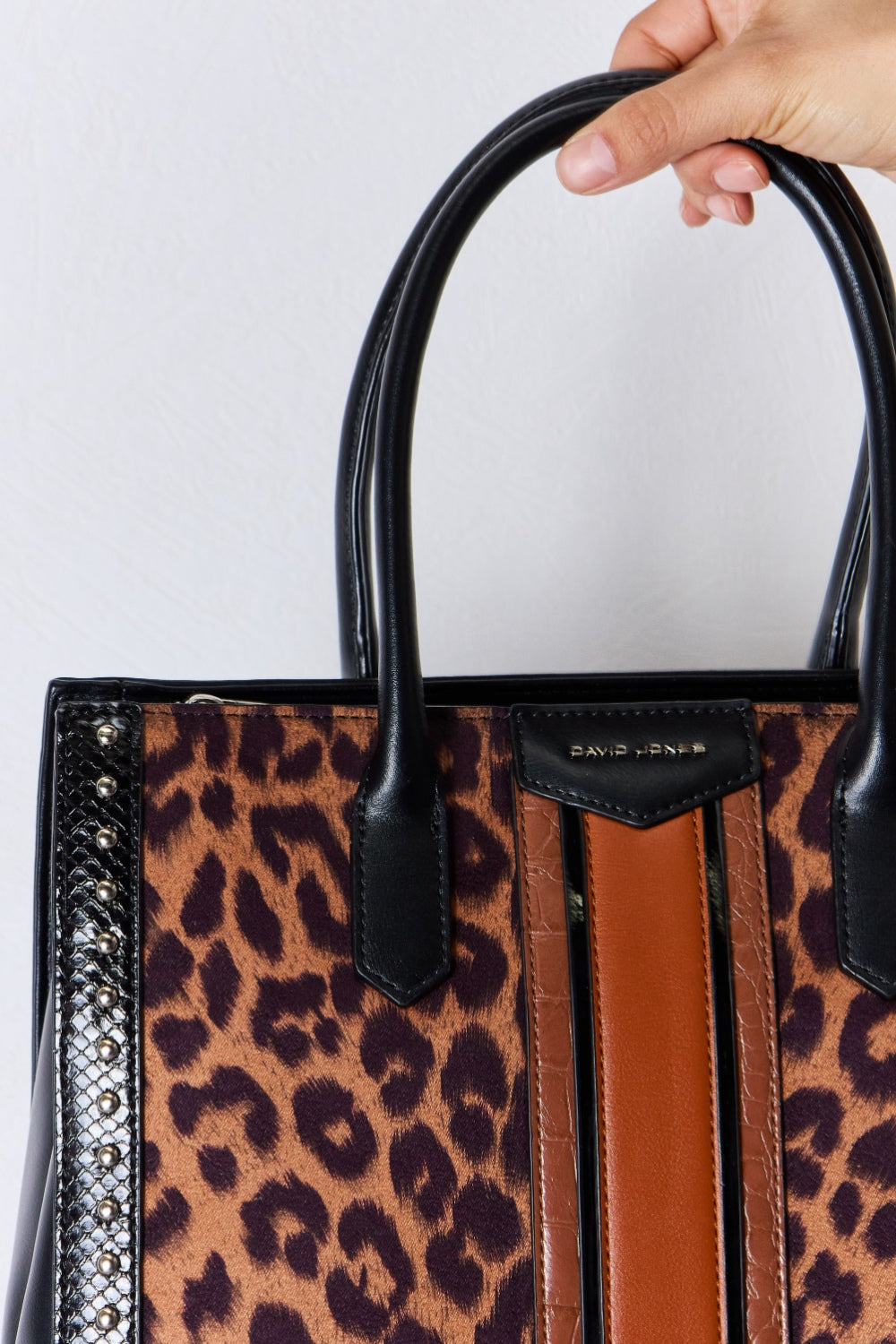 David Jones Leopard Contrast Rivet Handbag - Beautifeye Boutique