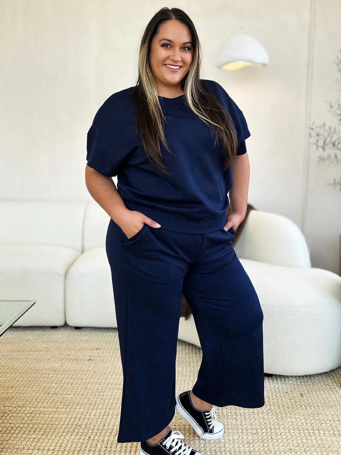 Double Take Full Size Texture Short Sleeve Top and Pants Set - Beautifeye Boutique
