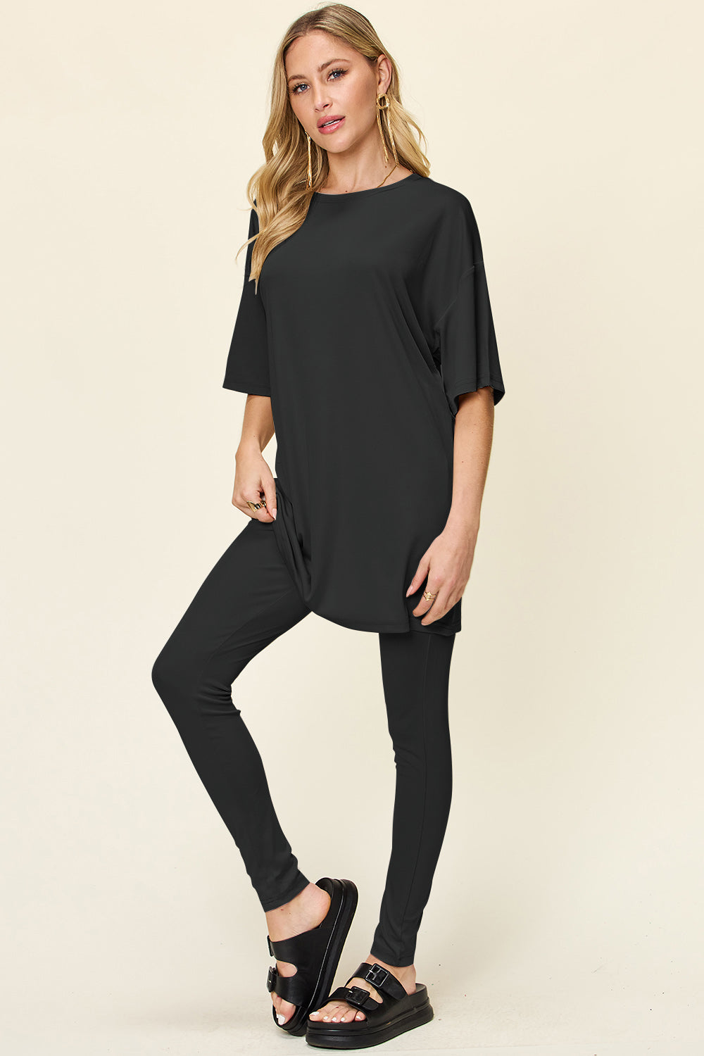Double Take Full Size Round Neck Dropped Shoulder T-Shirt and Leggings Set - Beautifeye Boutique