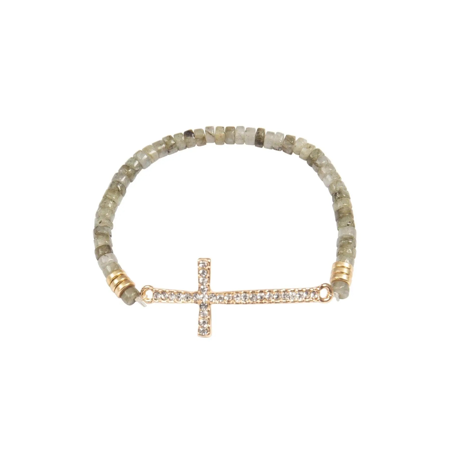 CROSS RHINESTONE WITH NATURAL STONE BEADS STRETCH BRACELET - Beautifeye Boutique