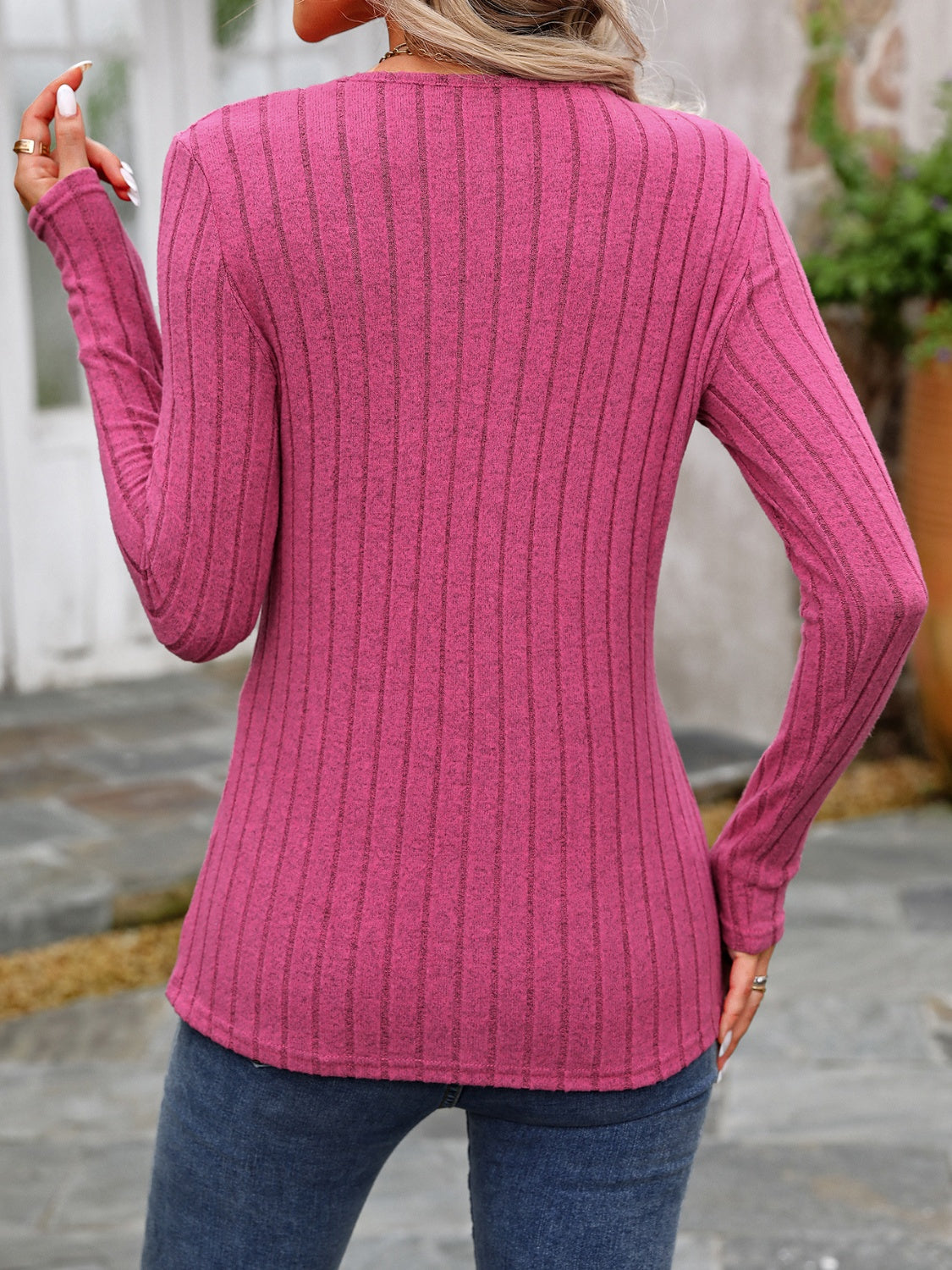Decorative Button Round Neck Long Sleeve T-Shirt - Beautifeye Boutique