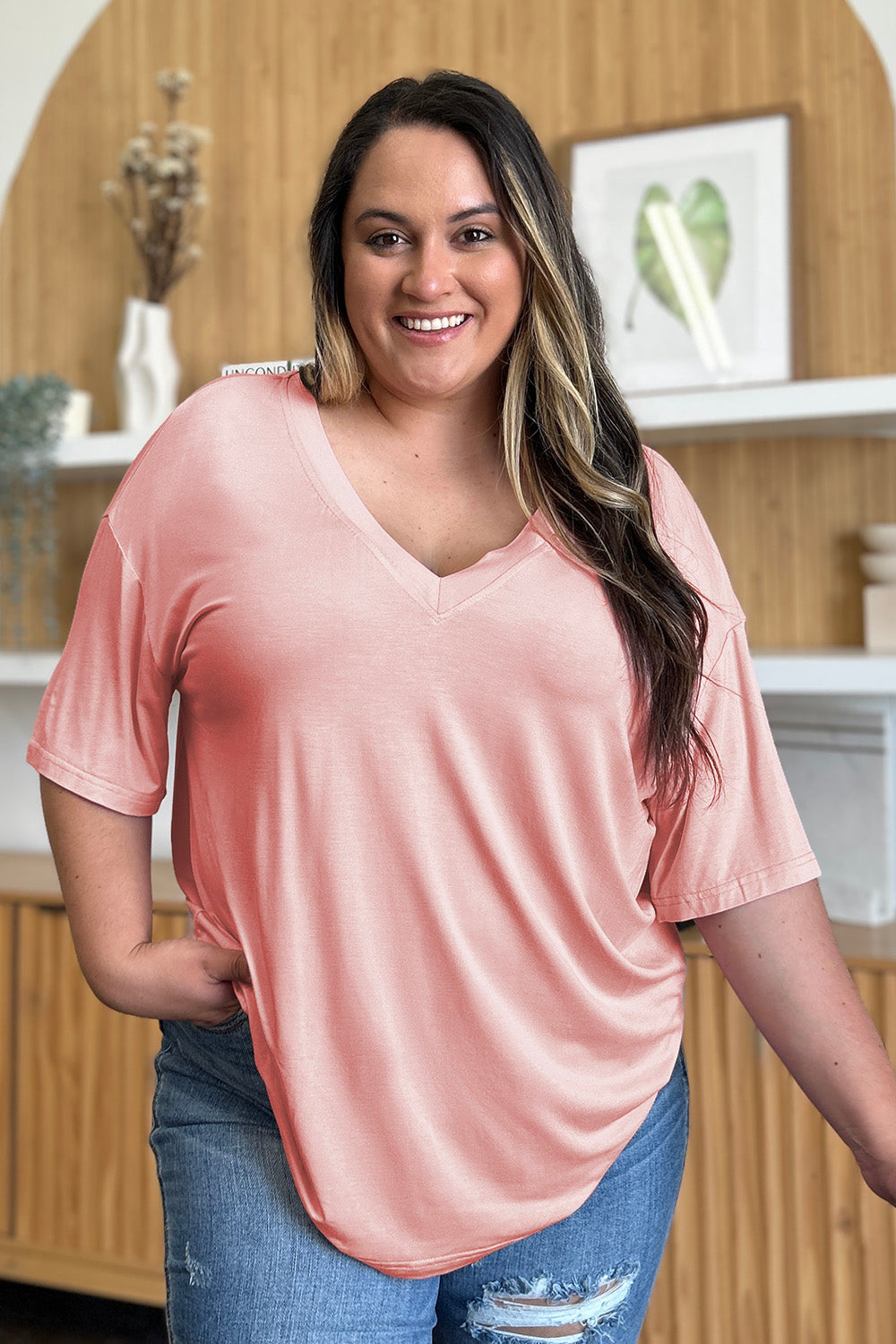 Basic Bae Full Size Bamboo V-Neck Drop Shoulder T-Shirt - Beautifeye Boutique