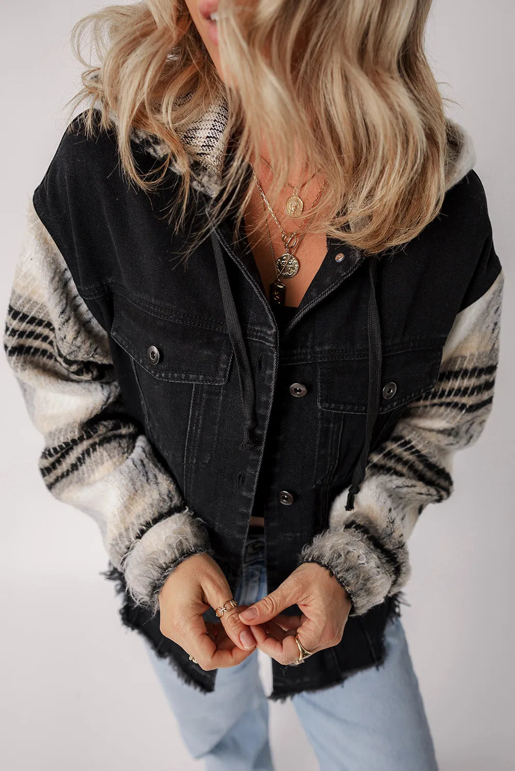 Drawstring Raw Hem Button Up Hooded Denim Jacket - Beautifeye Boutique