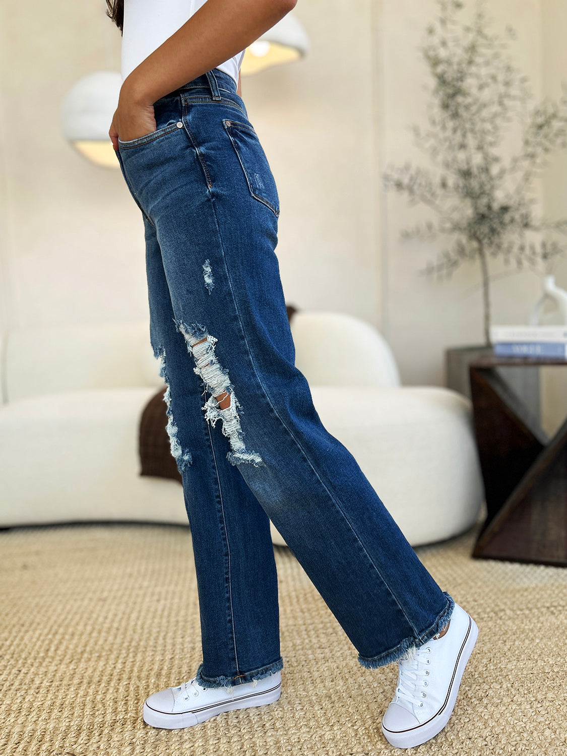 Judy Blue Full Size Mid Rise Distressed Raw Hem Jeans - Beautifeye Boutique