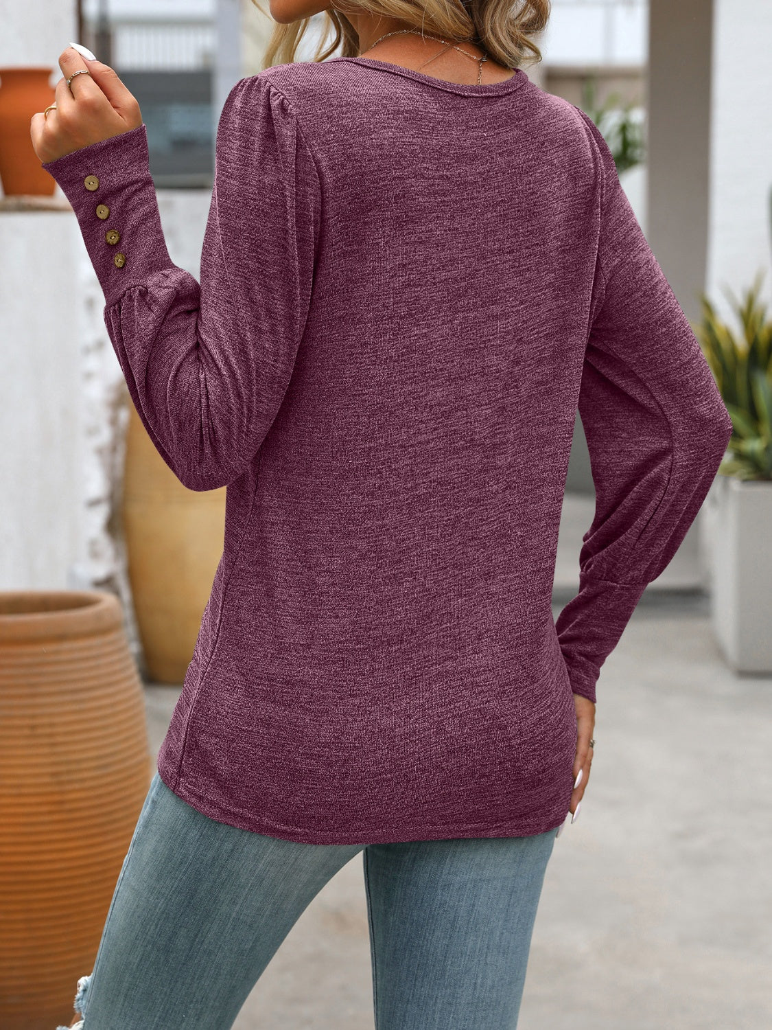 Decorative Button Round Neck Long Sleeve T-Shirt - Beautifeye Boutique