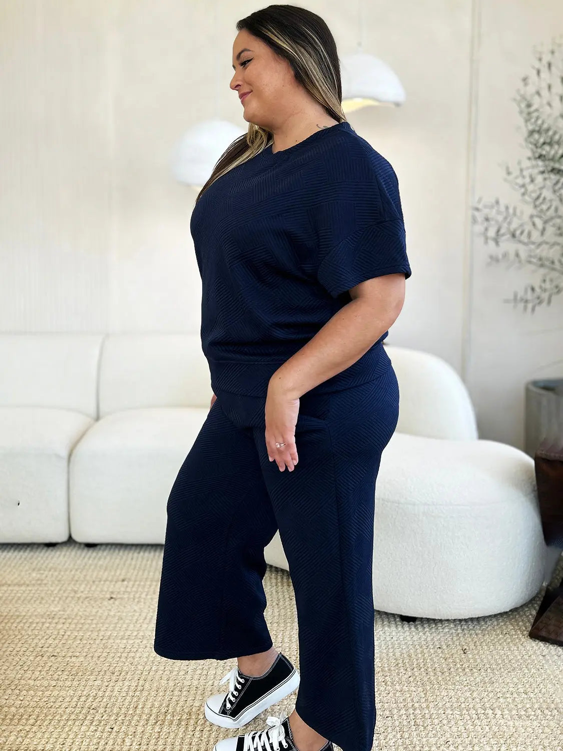 Double Take Full Size Texture Short Sleeve Top and Pants Set - Beautifeye Boutique
