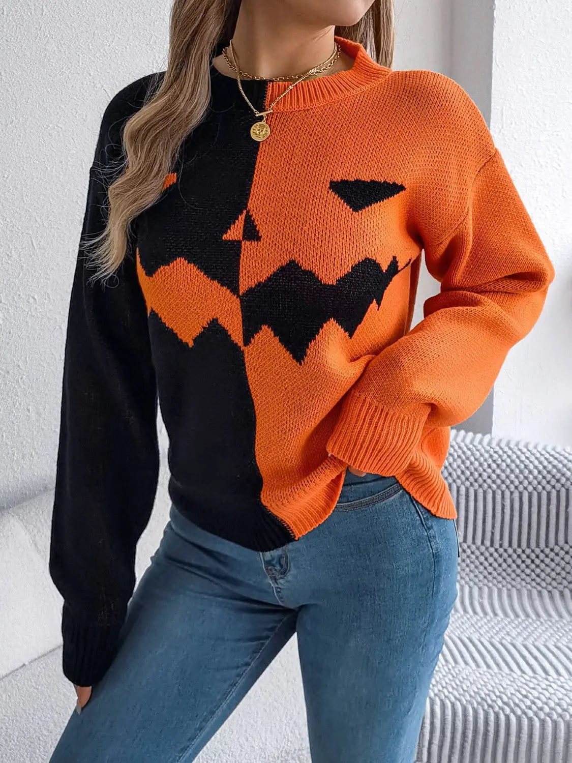 Contrast Round Neck Long Sleeve Sweater - Beautifeye Boutique