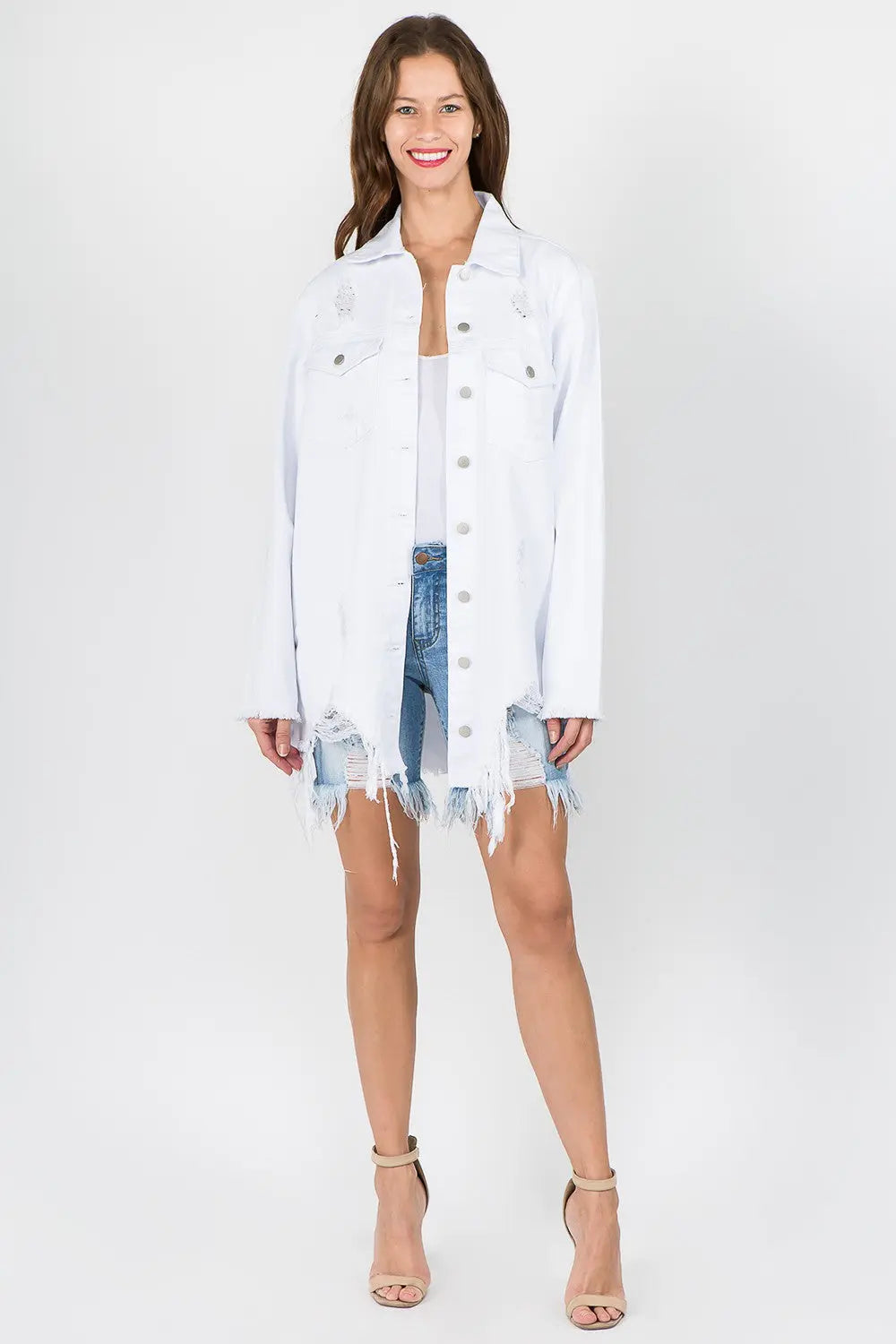 American Bazi Distressed Frayed Hem Denim Jacket - Beautifeye Boutique
