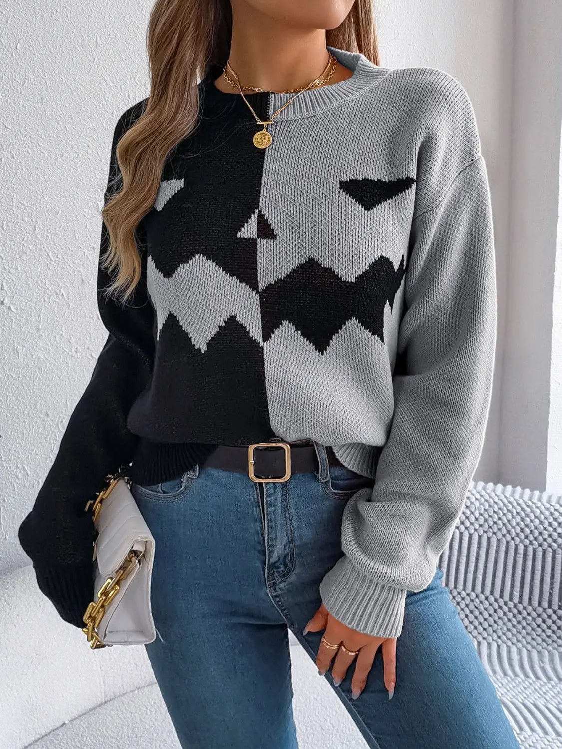 Contrast Round Neck Long Sleeve Sweater - Beautifeye Boutique