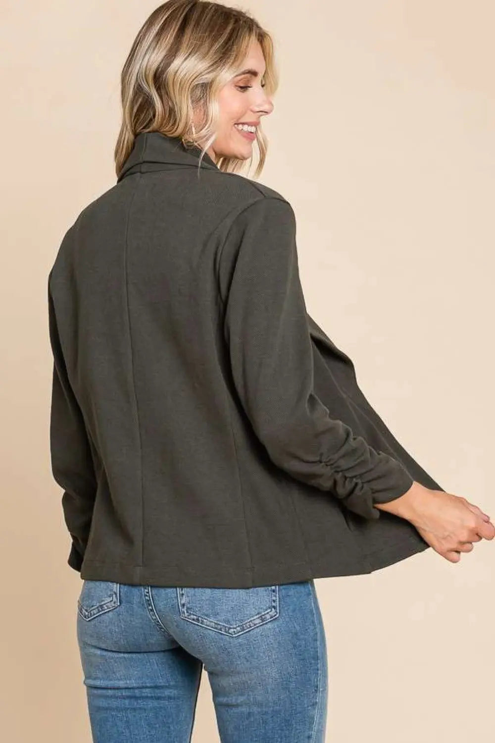 Culture Code Full Size Ruched Open Front Long Sleeve Jacket - Beautifeye Boutique