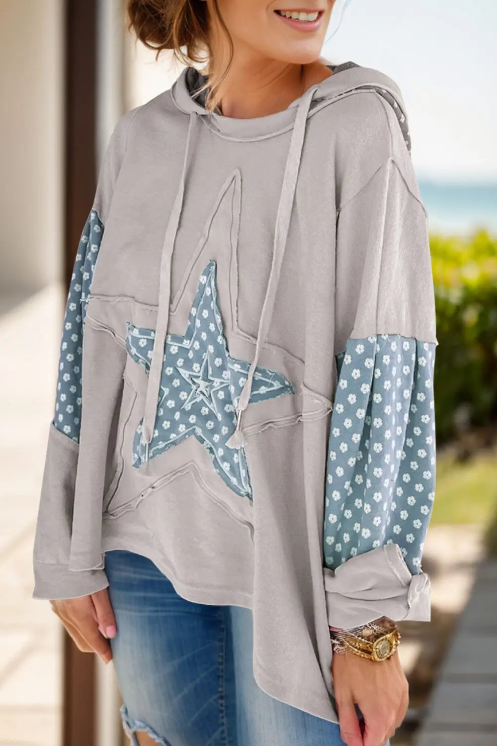 Drawstring Star Long Sleeve Hoodie - Beautifeye Boutique