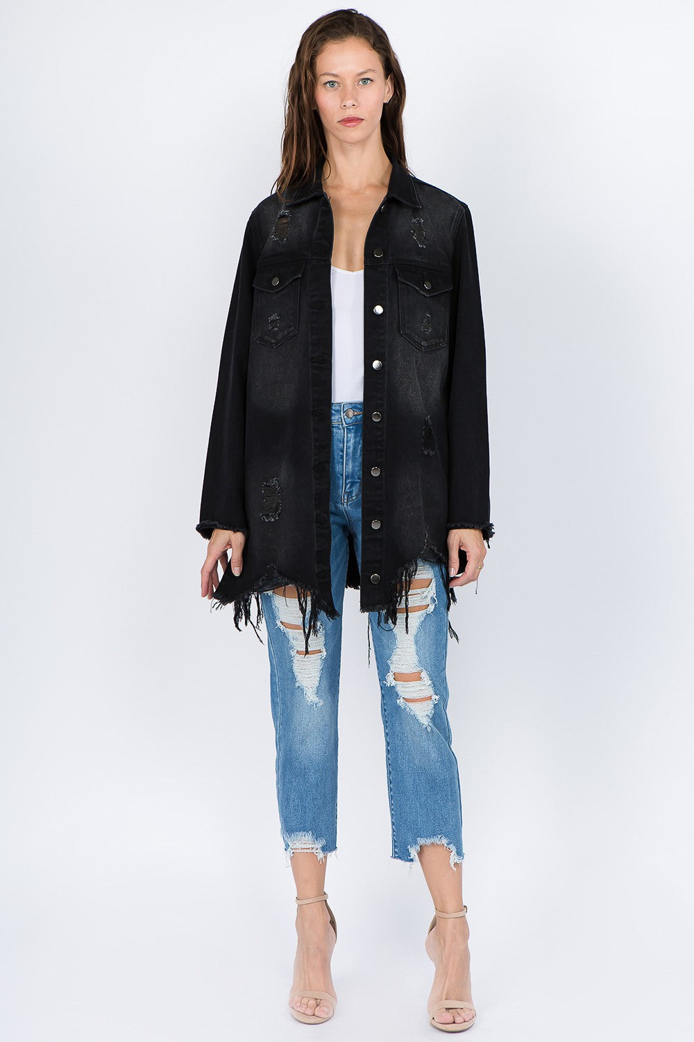 Distressed Frayed Hem Denim Jacket - Beautifeye Boutique