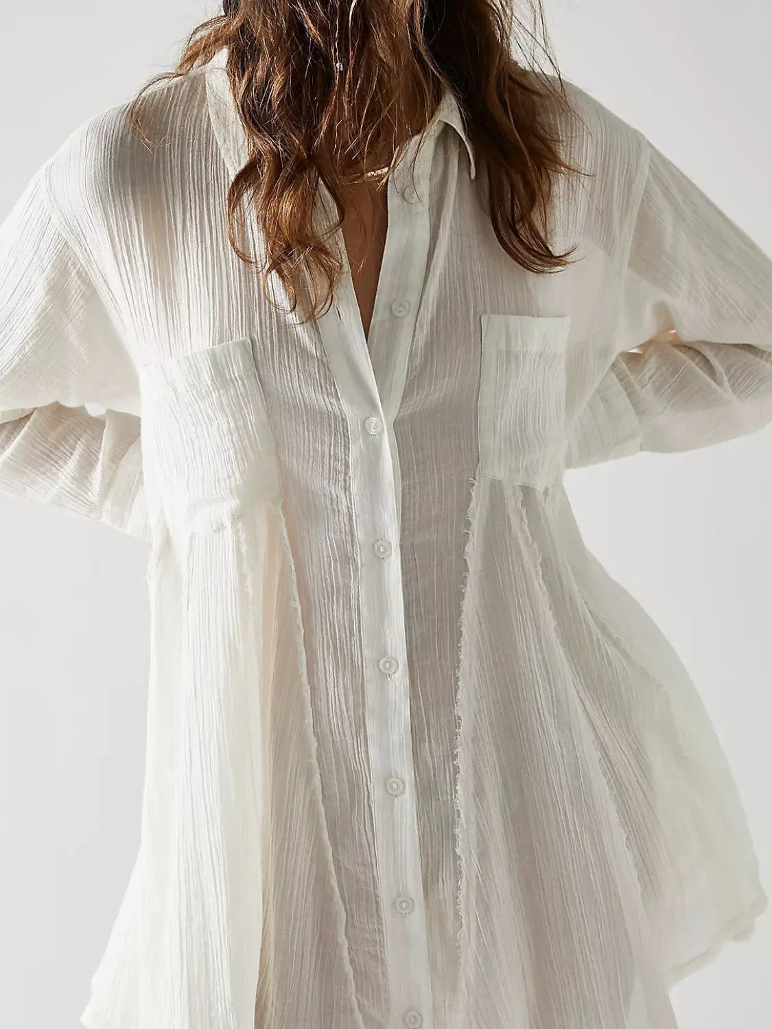Button Up Collared Neck Long Sleeve Longline Shirt - Beautifeye Boutique