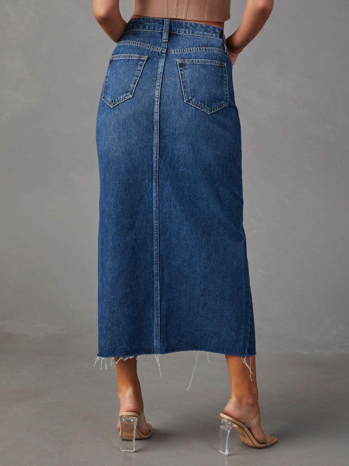 Slit Raw Hem Midi Denim Skirt - Beautifeye Boutique
