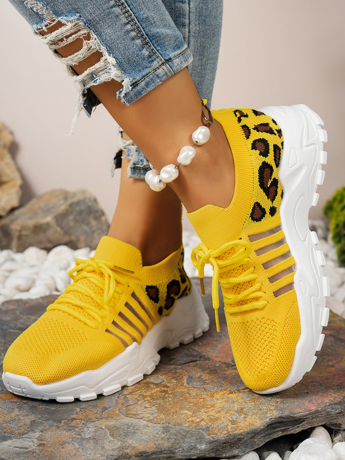 Cutout Leopard Lace Up Mesh Athletic - Beautifeye Boutique