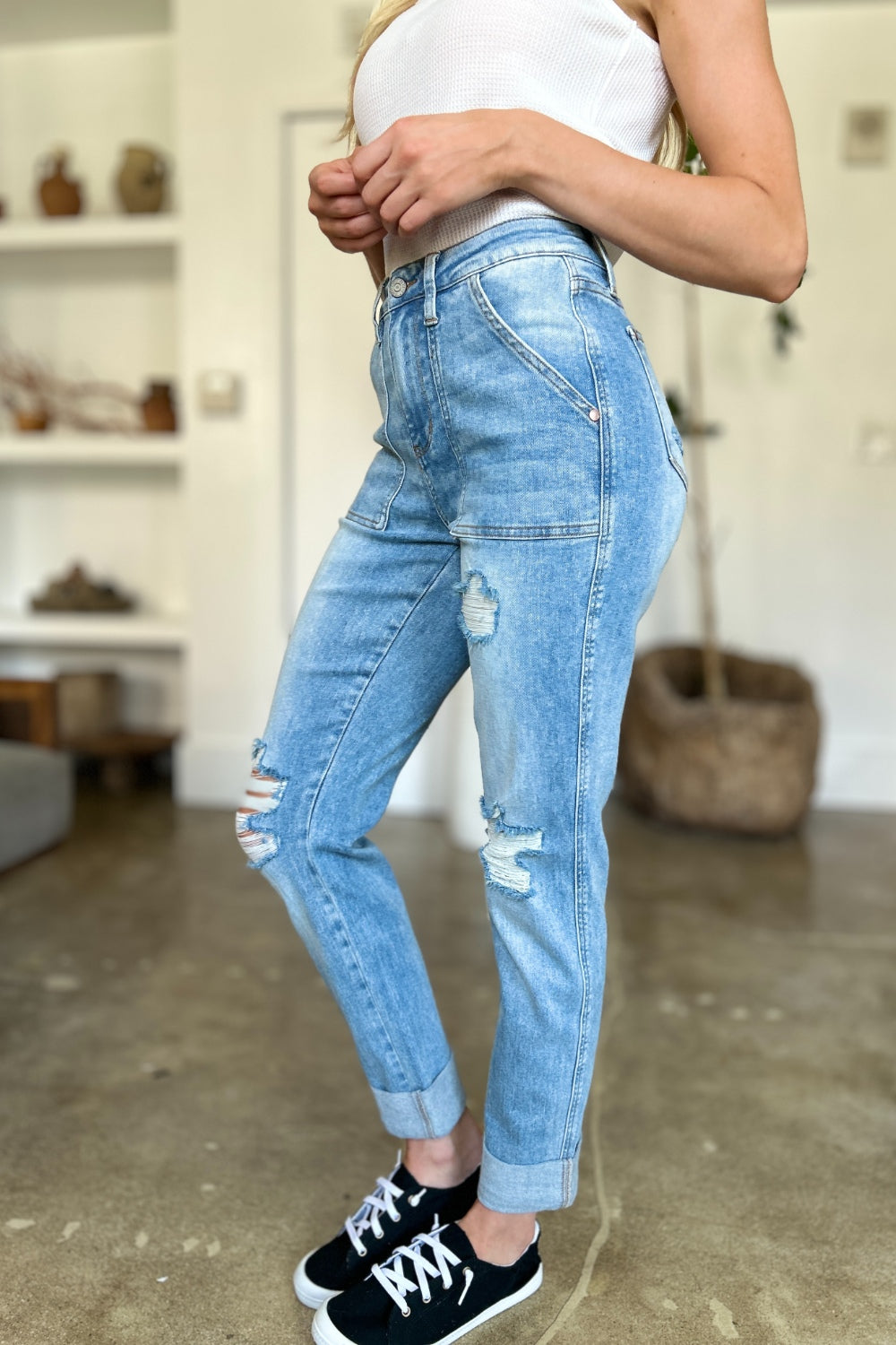 Judy Blue Full Size Distressed Straight Jeans with Patch Pockets - Beautifeye Boutique