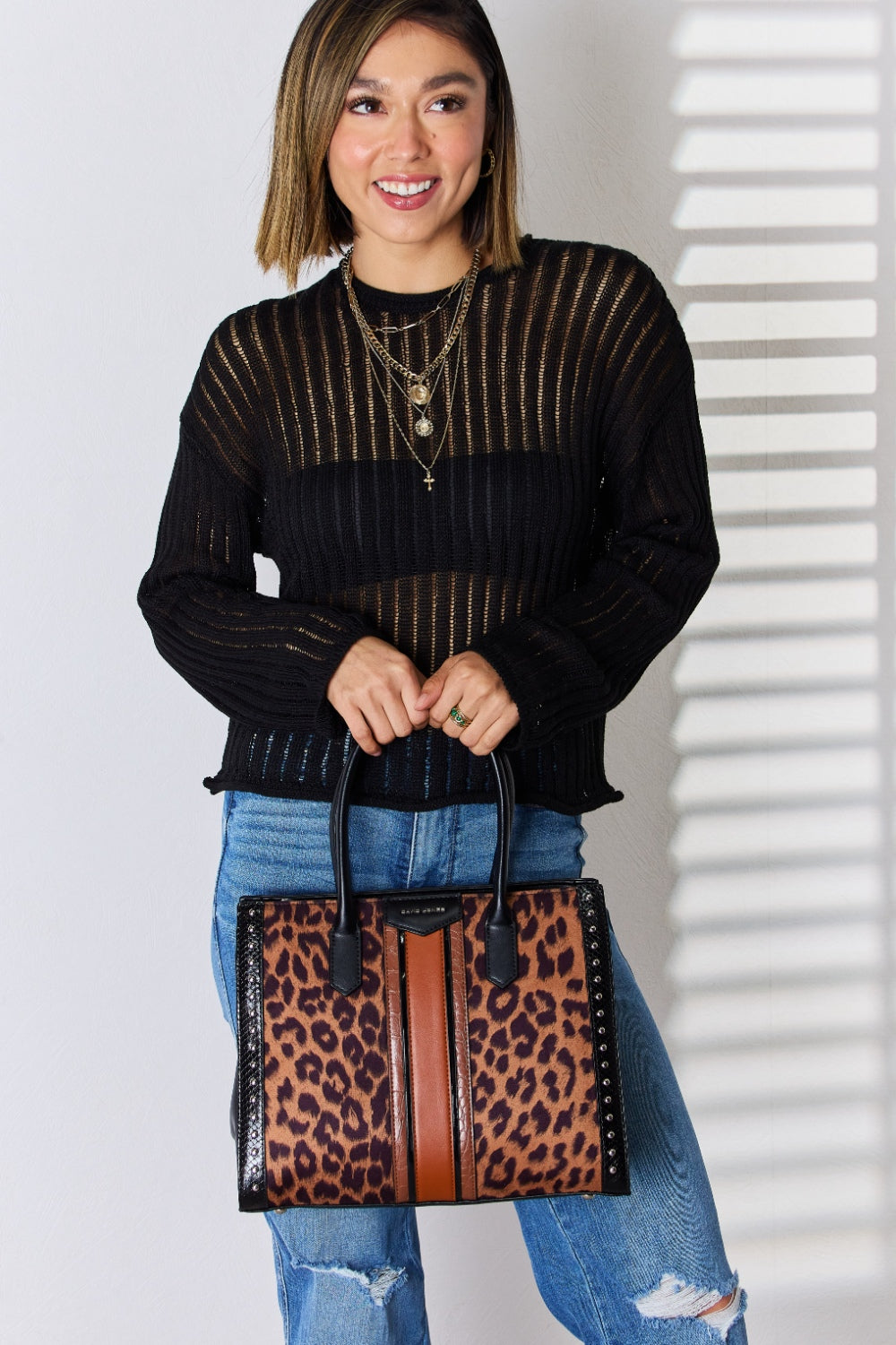 David Jones Leopard Contrast Rivet Handbag - Beautifeye Boutique