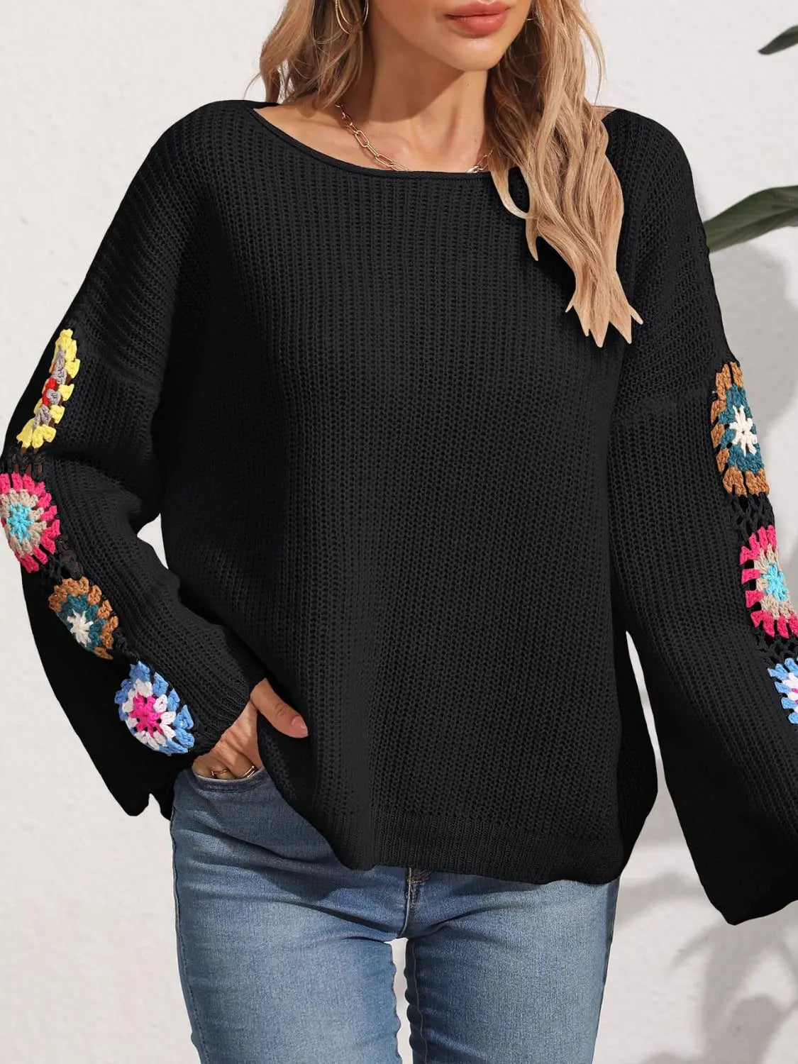 Crochet Flower Long Sleeve Sweater - Beautifeye Boutique