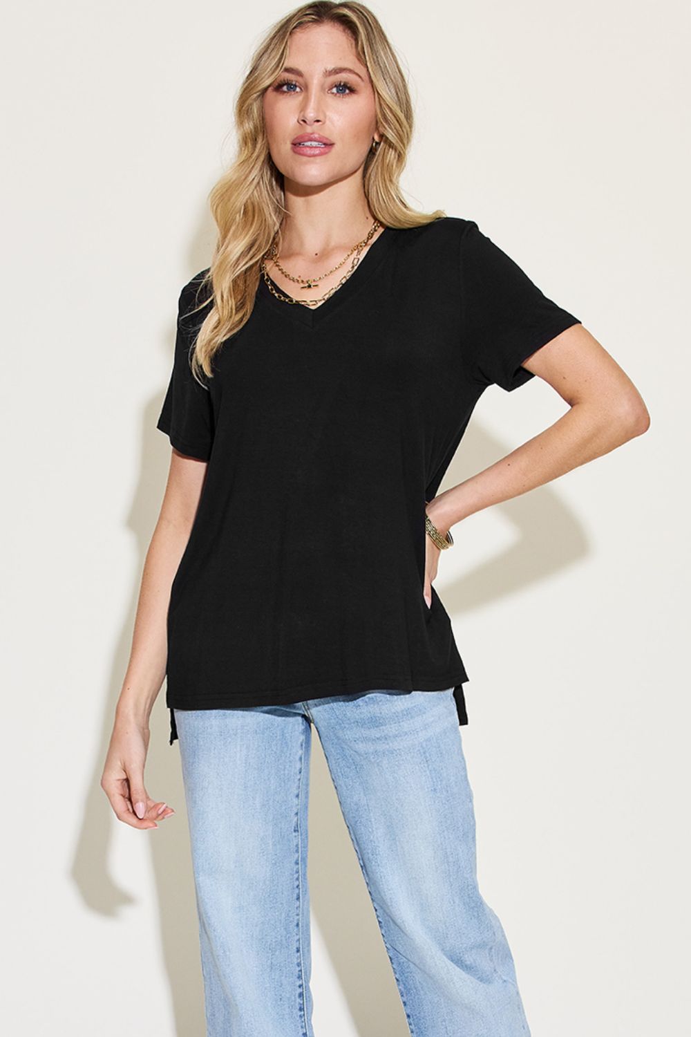Basic Bae V-Neck High-Low T-Shirt - Beautifeye Boutique