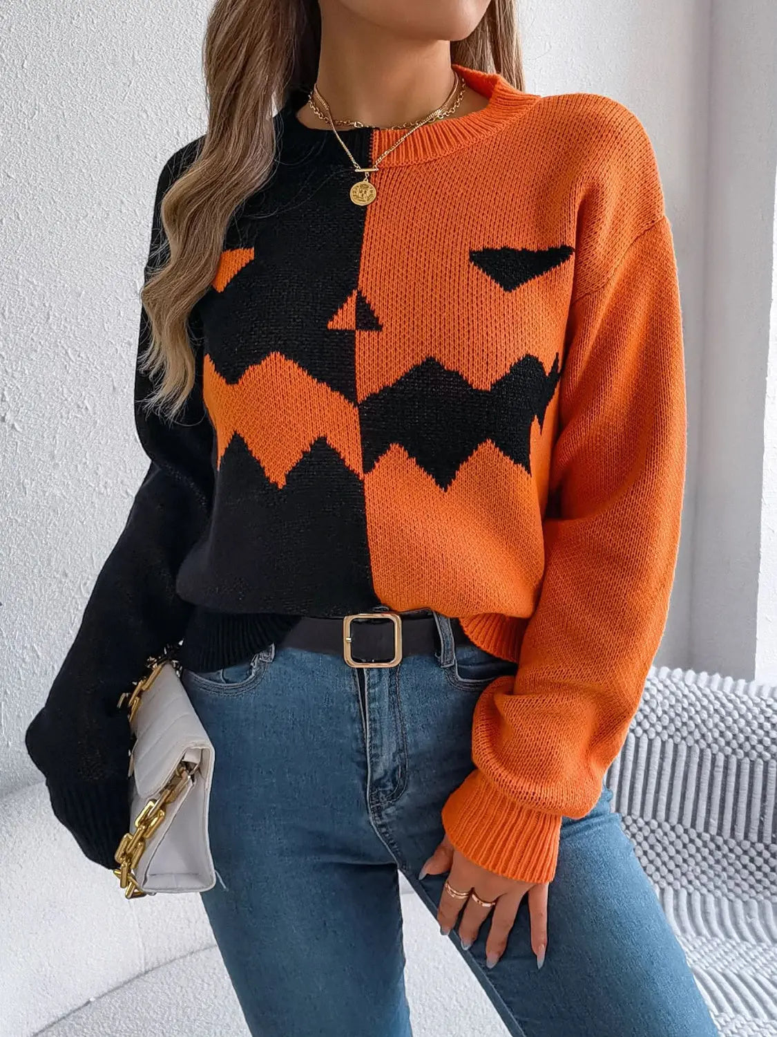 Contrast Round Neck Long Sleeve Sweater - Beautifeye Boutique