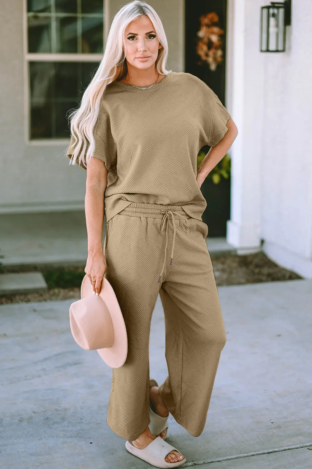 Double Take Full Size Texture Short Sleeve Top and Pants Set - Beautifeye Boutique
