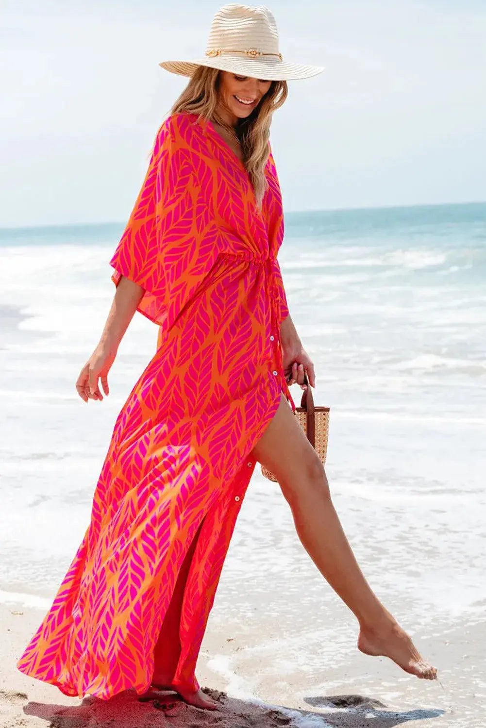 Drawstring Printed V-Neck Maxi Dress - Beautifeye Boutique