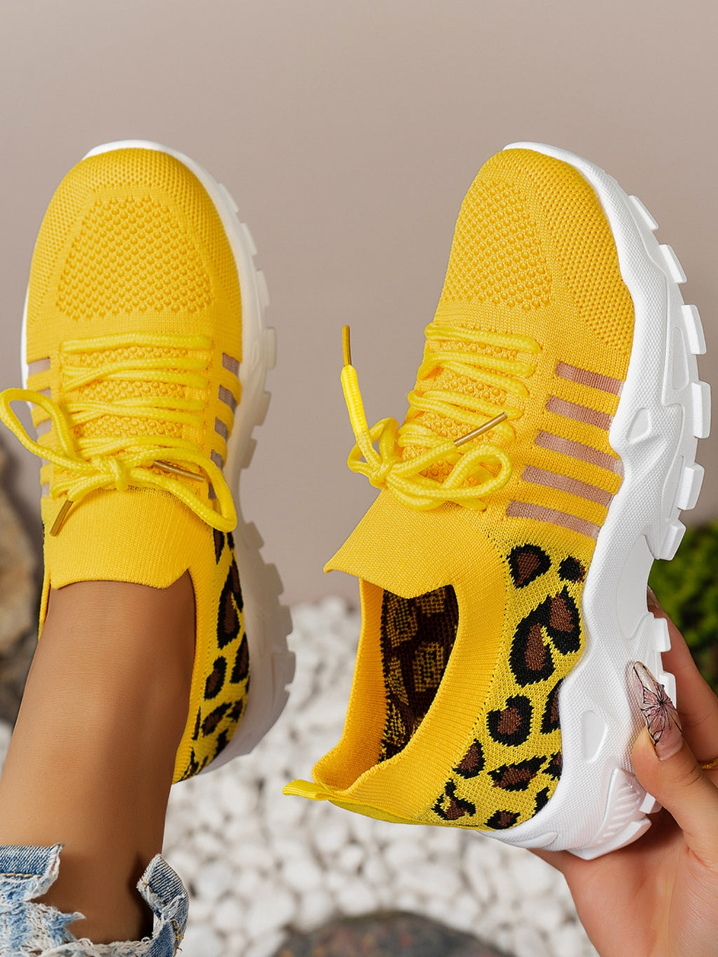 Cutout Leopard Lace Up Mesh Athletic - Beautifeye Boutique