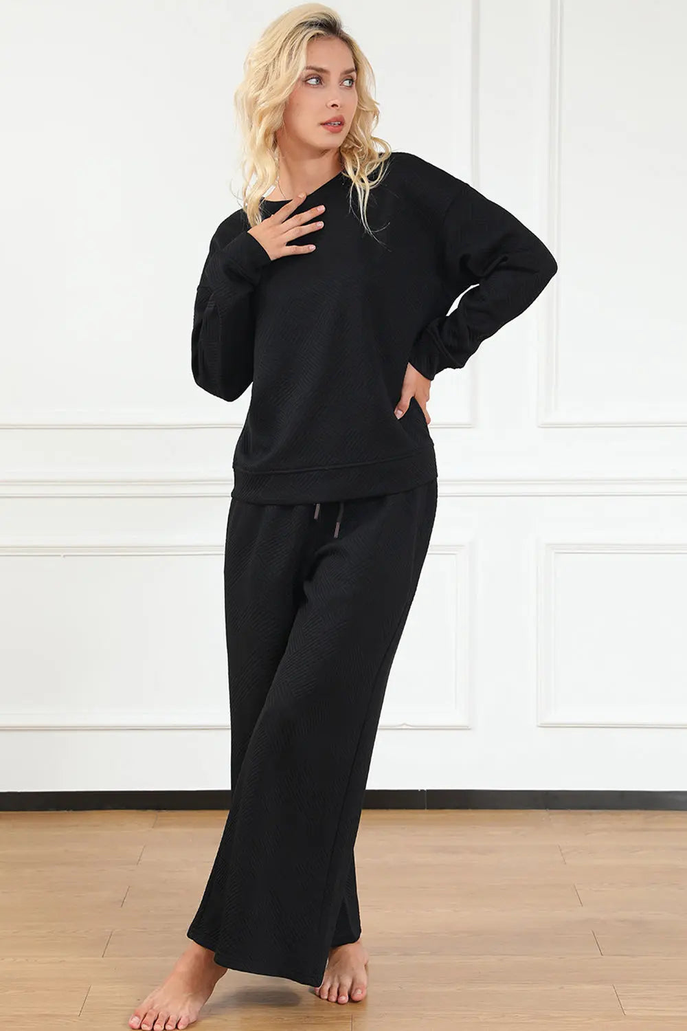 Double Take Full Size Textured Long Sleeve Top and Drawstring Pants Set - Beautifeye Boutique