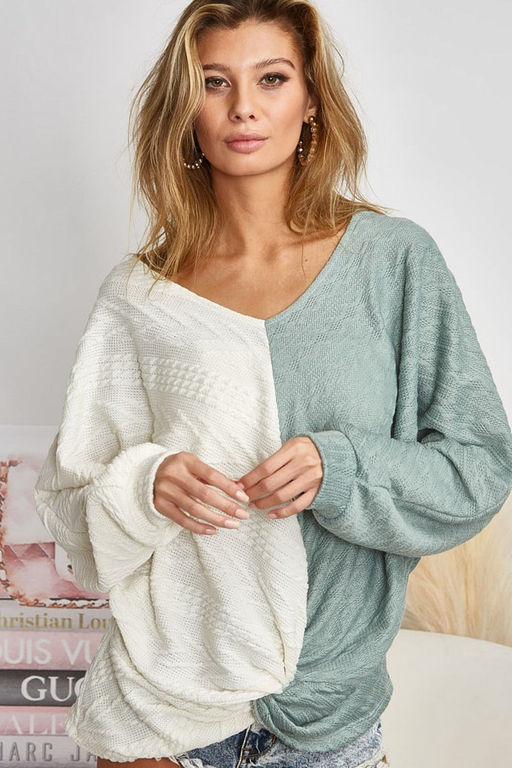 BiBi Twist Front Contrast Cable Knit Top - Beautifeye Boutique