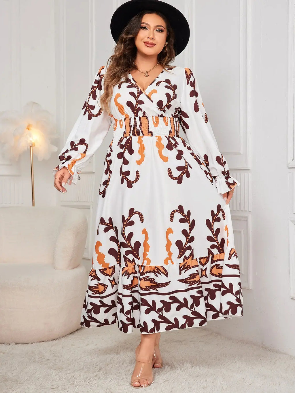 Honey Plus Size Printed Surplice Flounce Sleeve Dress - Beautifeye Boutique