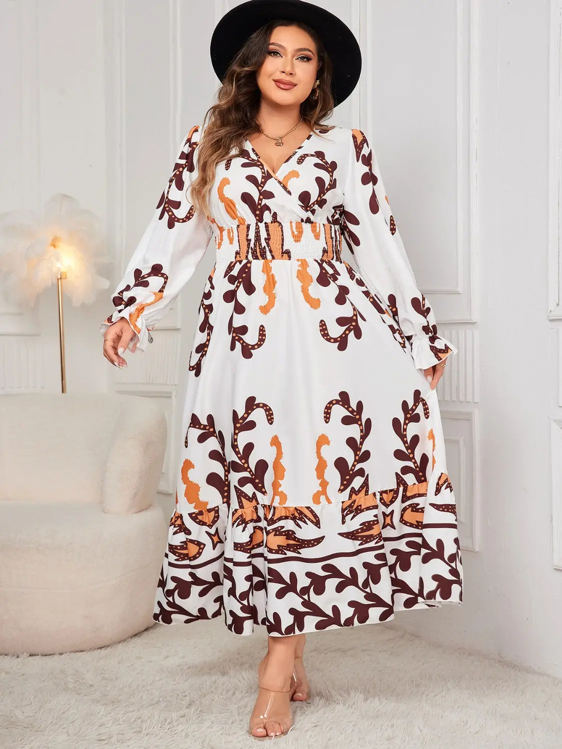 Honey Plus Size Printed Surplice Flounce Sleeve Dress - Beautifeye Boutique