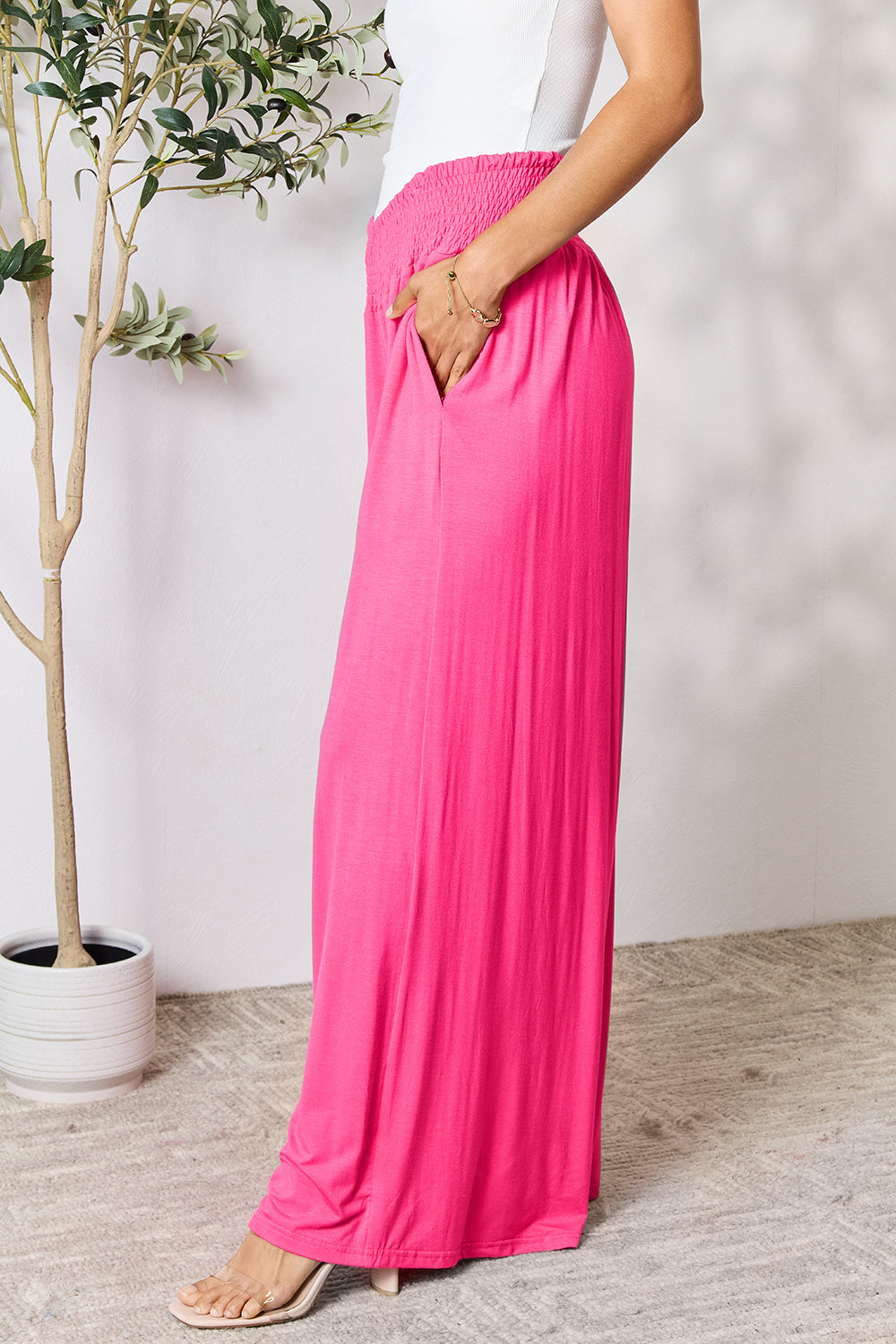 Double Take Full Size Smocked Wide Waistband Wide Leg Pants - Beautifeye Boutique