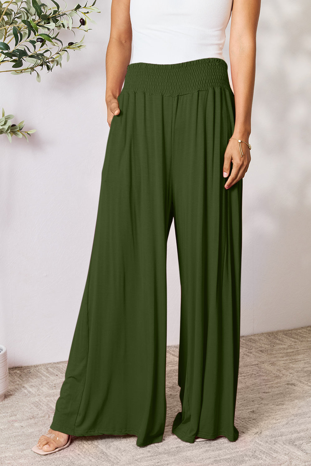 Double Take Full Size Smocked Wide Waistband Wide Leg Pants - Beautifeye Boutique