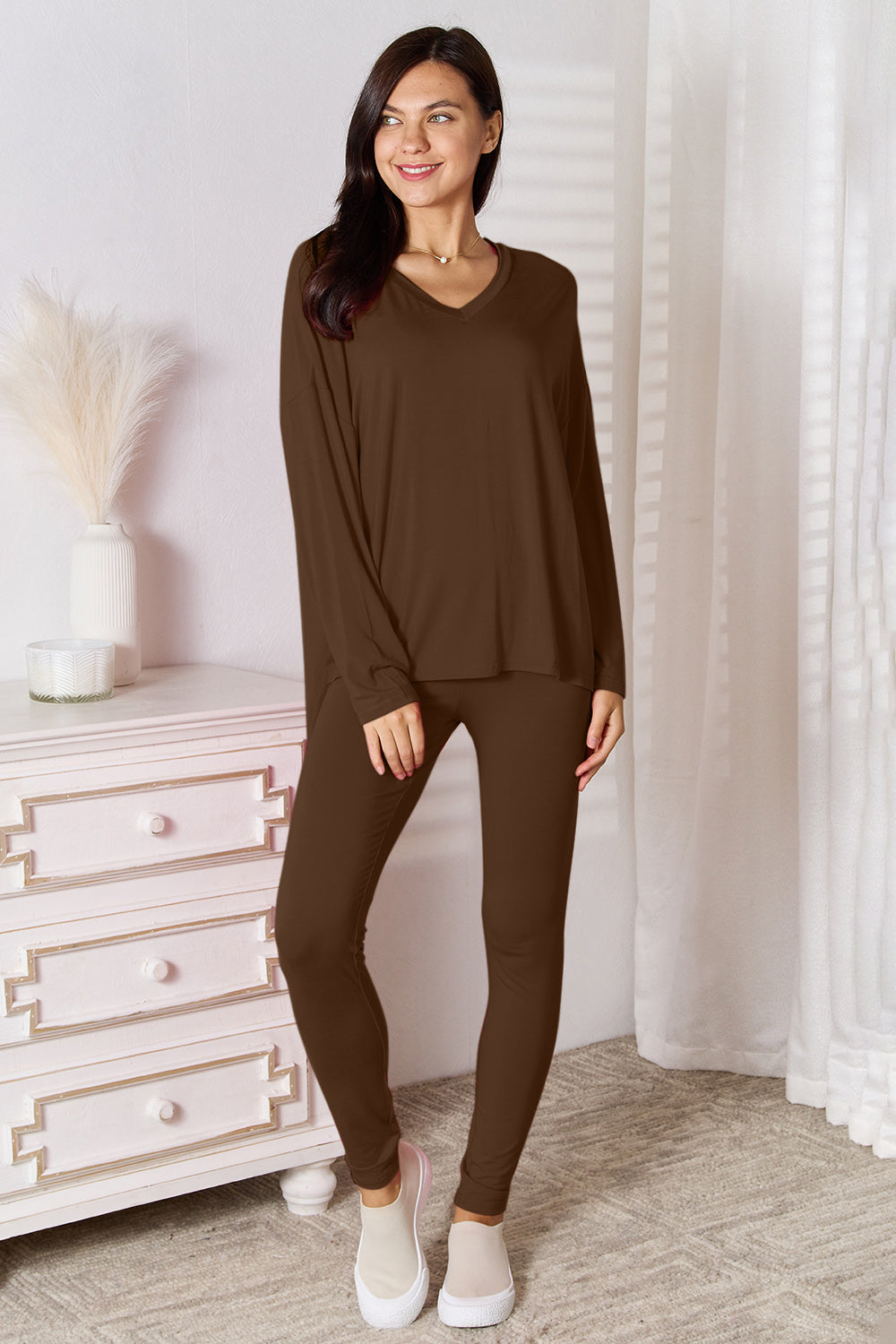 Basic Bae V-Neck Soft Rayon Long Sleeve Top and Pants Lounge Set - Beautifeye Boutique