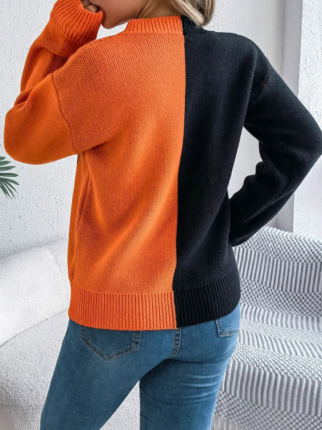 Contrast Round Neck Long Sleeve Sweater - Beautifeye Boutique