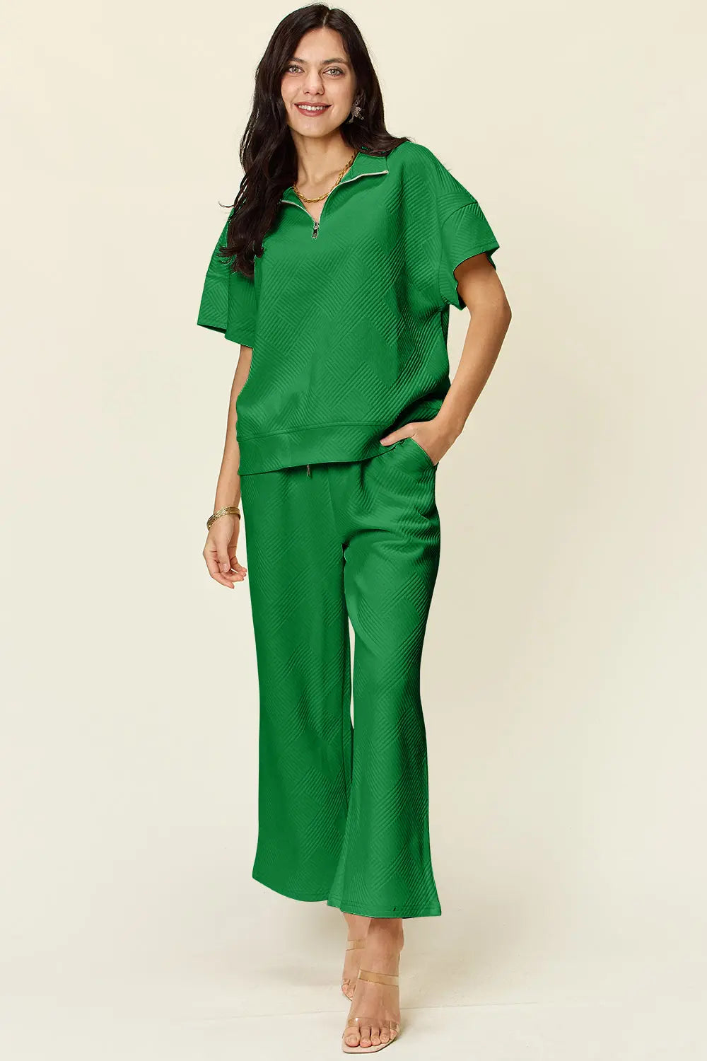 Double Take Full Size Texture Half Zip Short Sleeve Top and Pants Set - Beautifeye Boutique