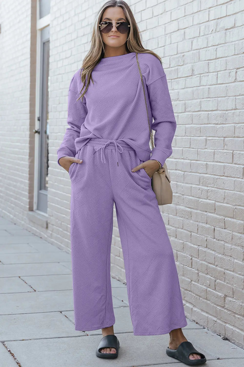 Double Take Full Size Textured Long Sleeve Top and Drawstring Pants Set - Beautifeye Boutique