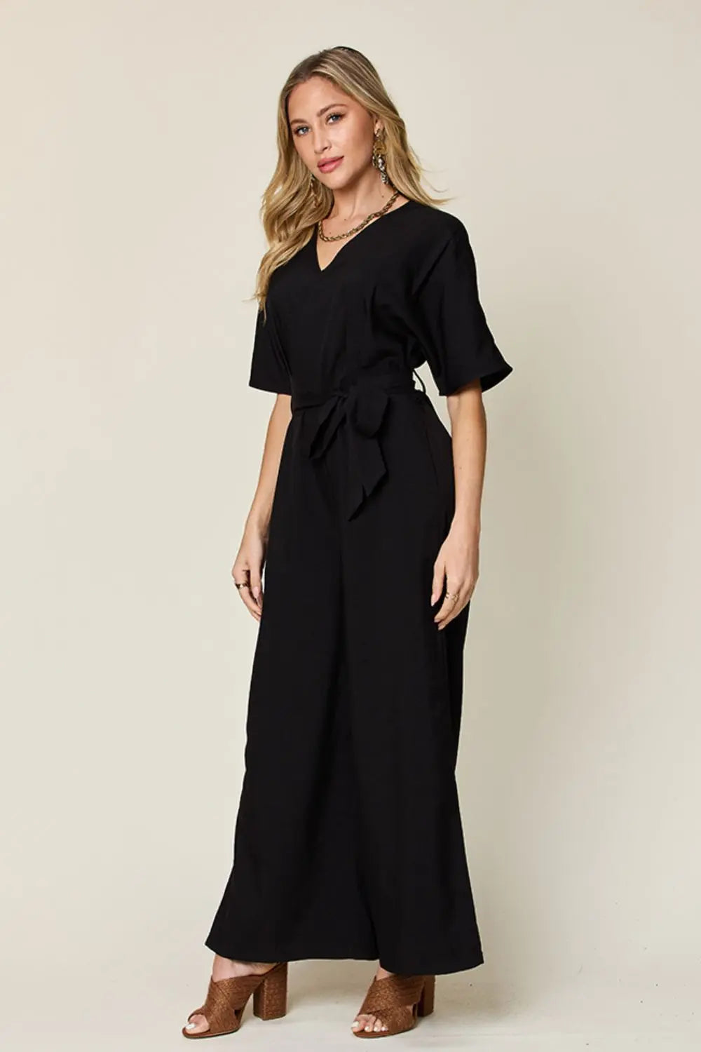 Double Take Full Size V-Neck Tied Side Slit Jumpsuit - Beautifeye Boutique