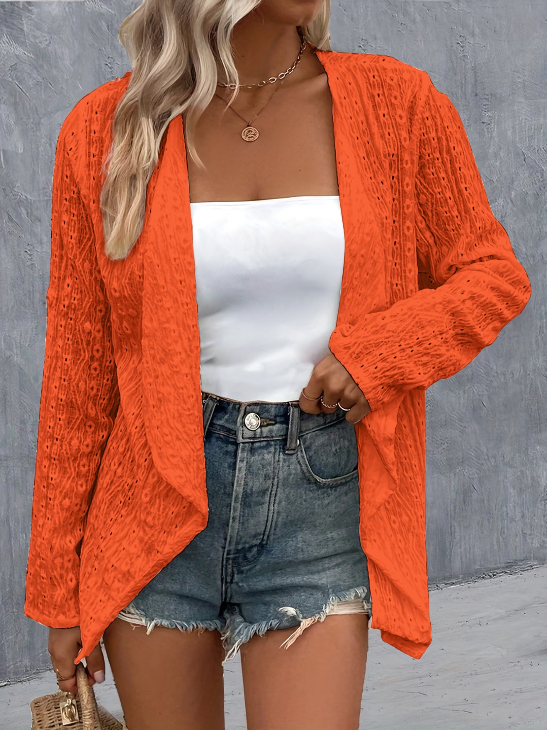 Eyelet Roll-Tab Sleeve Cardigan - Beautifeye Boutique