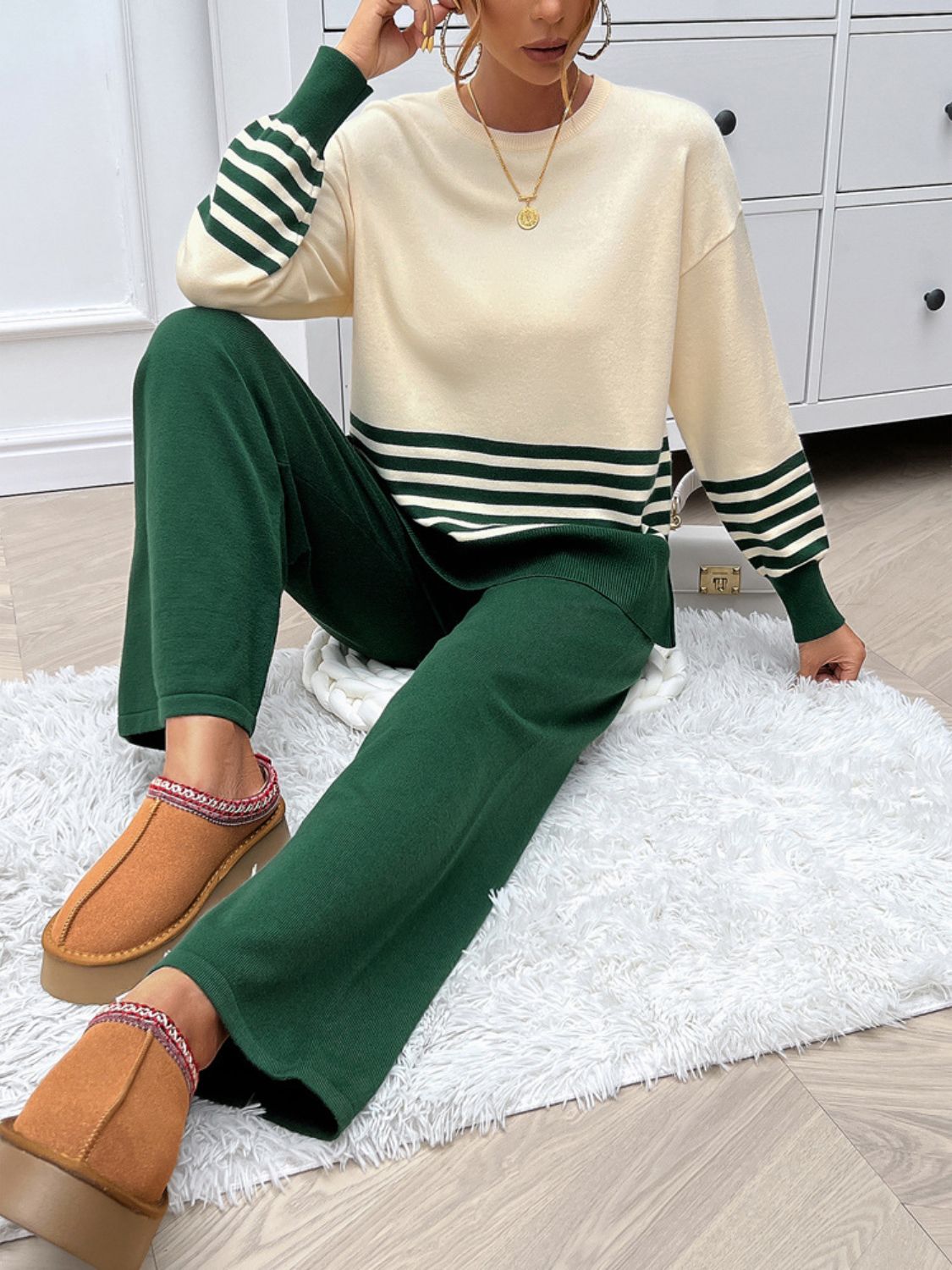 Devine Slit Striped Round Neck Top and Pants Sweater Set Trendsi