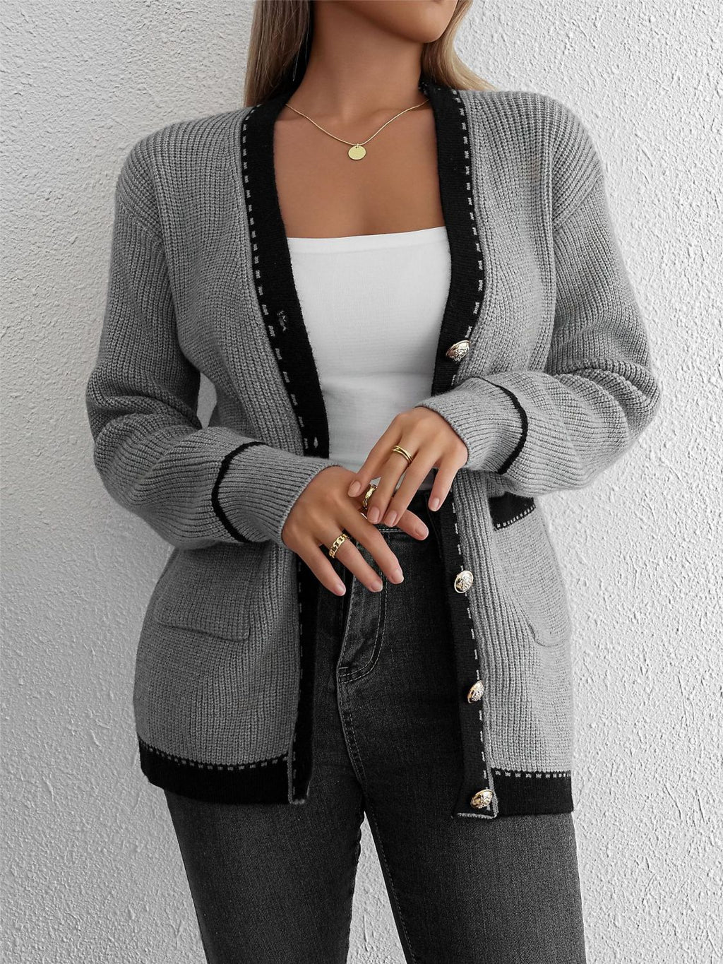 Contrast Trim Button Up Long Sleeve Cardigan - Beautifeye Boutique
